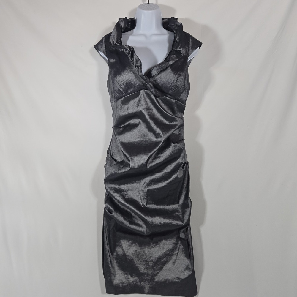 DJ-JAZ Rusched Sleeveless Metallic Dress with Stand-up Collar | Size Women's 12